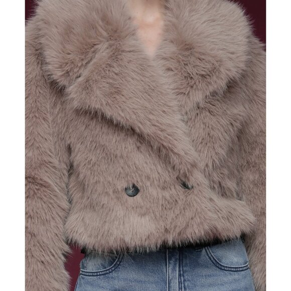 New Avec Les Filles Cropped Faux Fur Coat Taupe XS - Picture 4 of 6